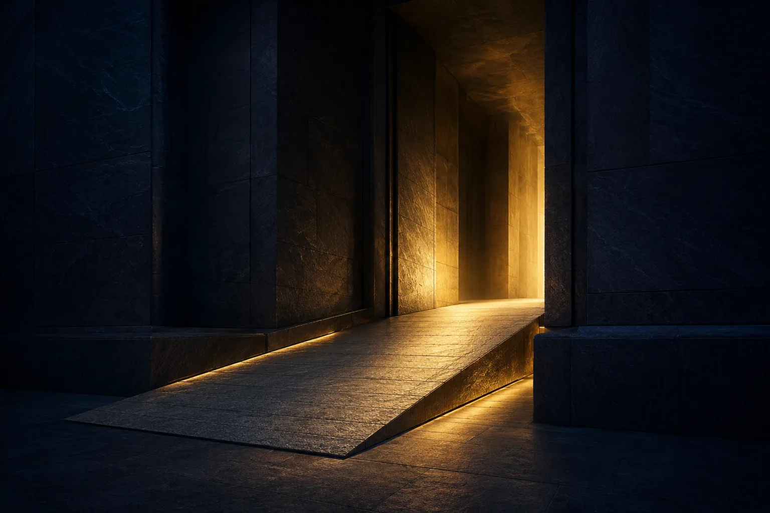 Un ingresso di pietra dove il pavimento sale in un'unica pendenza continua fin dentro la porta: nessun gradino, e la luce calda che esce da dentro.