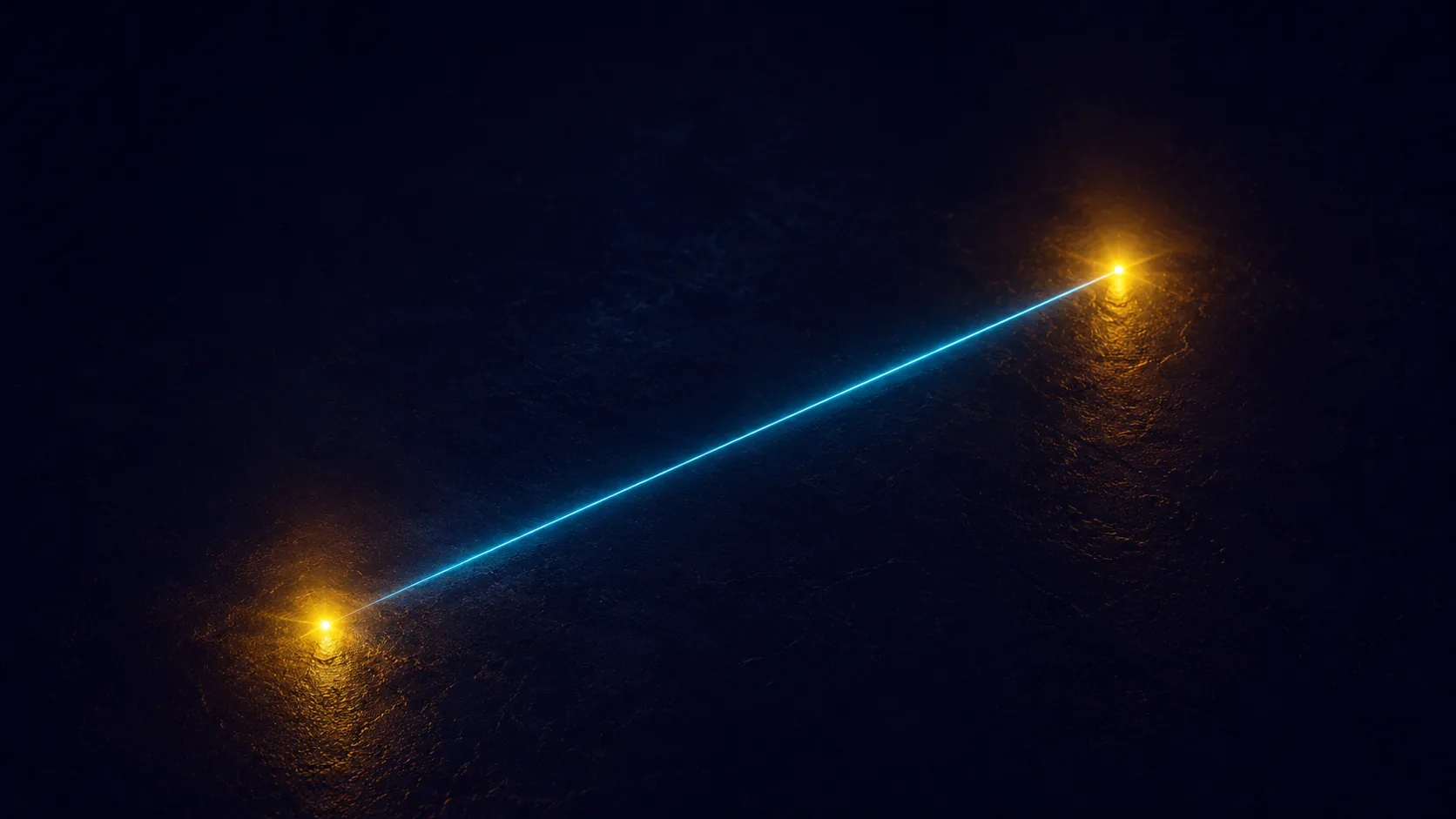 Due punti di luce dorata su una superficie scura, uniti da una sola linea netta di luce azzurra che corre fra loro.